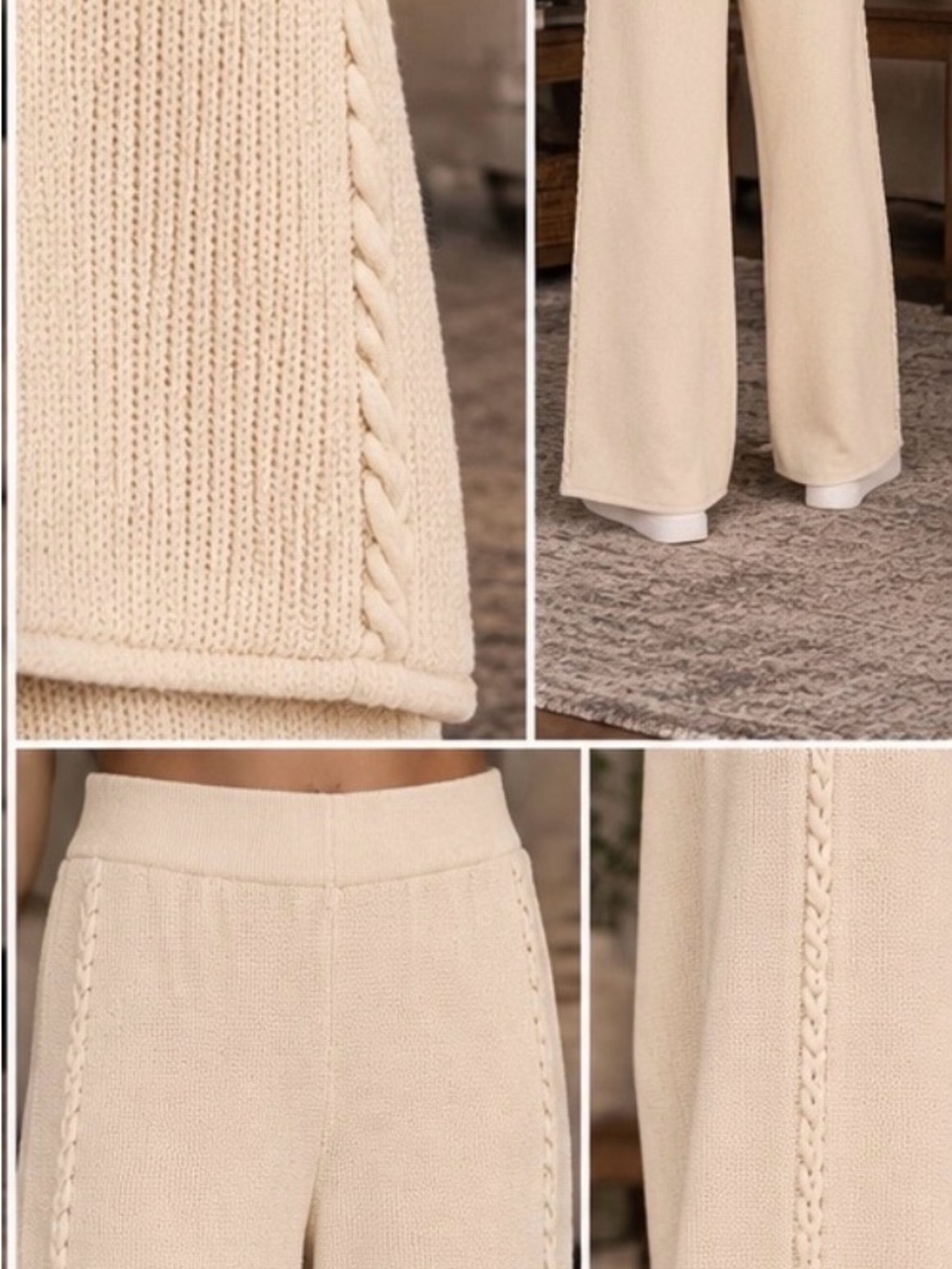 Zenana Cozy Cable Knit Wide-Leg Pants - Cream